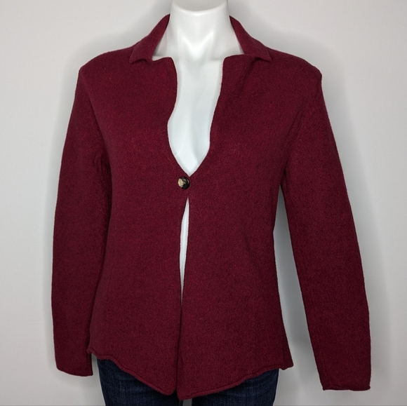 Eileen Fisher Burn Red Boiled Wool Blend Button Up Cardigan Sweater LP - Picture 1 of 8